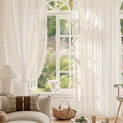 Anmao Vintage Lace Curtains 84 Inches Long 2 Panels Set, Romantic Elegant Light - Image 2