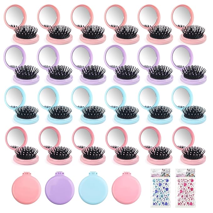 4 Colors Folding Mirror Hairbrush, 2 in 1 Compact Pocket Mirror Comb with DIY Stickers, Round Mini Pocket Makeup Mirror for Travel Women Girls (4 Pcs)