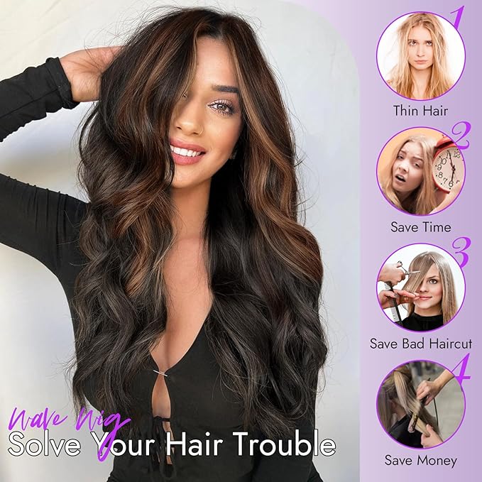Dark Brown Mixed Chestnut Wig for Women Long Wavy 4x1 Lace Natural Hairline Glueless for Beginners Middle Part Synthetic for Daily Party Use 26Inch