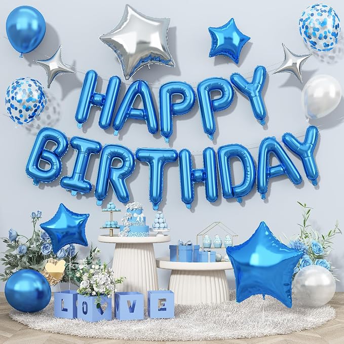 Happy Birthday Balloon Banner Blue Silver, 16 Inch Mylar Foil Letter Balloons by Togvu