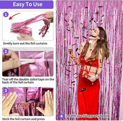JINSUI Pink Fringe Backdrop 3.3x8.2ft, 2 Pack Foil Tinsel Curtains Decor | - Image 6