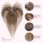 Hairro Human Hair Toppers with Wispy Bangs, 3D 360° Seamless Real Hair Toppers, Hand-Tied with 3.5"x4.7" T-shaped Base, Clip-In Hairpieces to Add Volume on Top, 11 Inch Medium Brown
