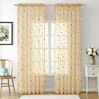 MIULEE Khaki Sheer Curtains 2 Panels Embroidered Leaf Patterned, W52 x L96 | - Image 2