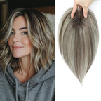 YAMI Hair Toppers for Women Fluffy Human Hair Topper 10inch Handmade Swiss Base Hairpieces 360° Cover Hairloss (Ombre Brown with Blonde Highlight)