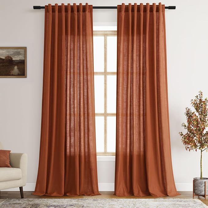 Terracotta Linen Curtains 102 inches Long 2 Panels by Nanspring