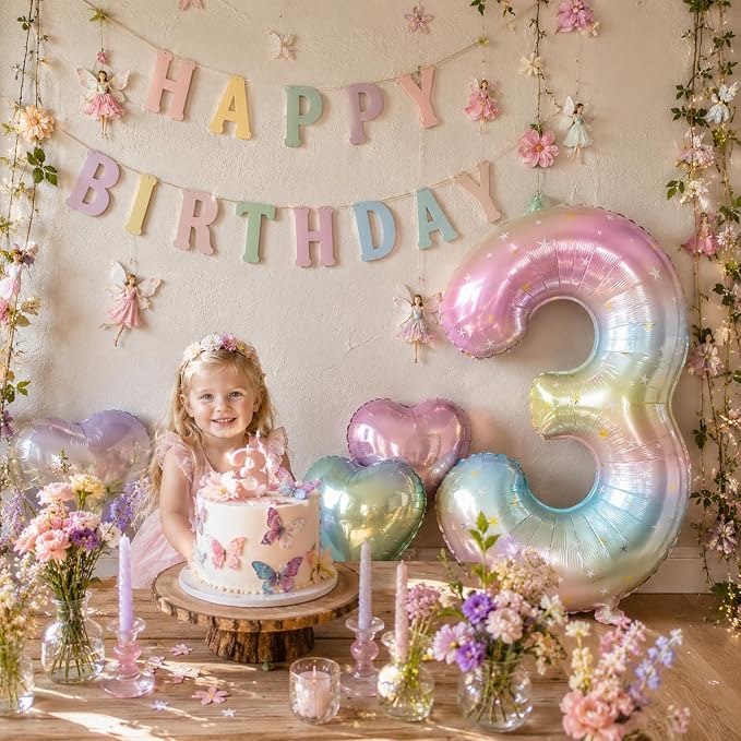 3rd Birthday Balloons for Girls, 40‘’ Foil Self Inflating Rainbow Stars Number - Image 3