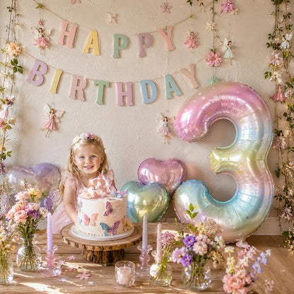 3rd Birthday Balloons for Girls, 40‘’ Foil Self Inflating Rainbow Stars Number - Image 3