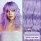 NOBLE Short Curly Purple Bob Wig with Bangs for Girls and Women Shoulder Length Heat Resistant Synthetic Wig Bob Curly Loose Wavy Hair Wigs for Halloween Cosplay 12 Inches