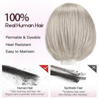 EMMOR Human Hair Toppers for Women Short Bob Real Hair with Bangs 10" Side Part Hairpieces for Women with Thin Hair 6.5" × 6.5" Larger Base Human Wig Toppers(Gray)