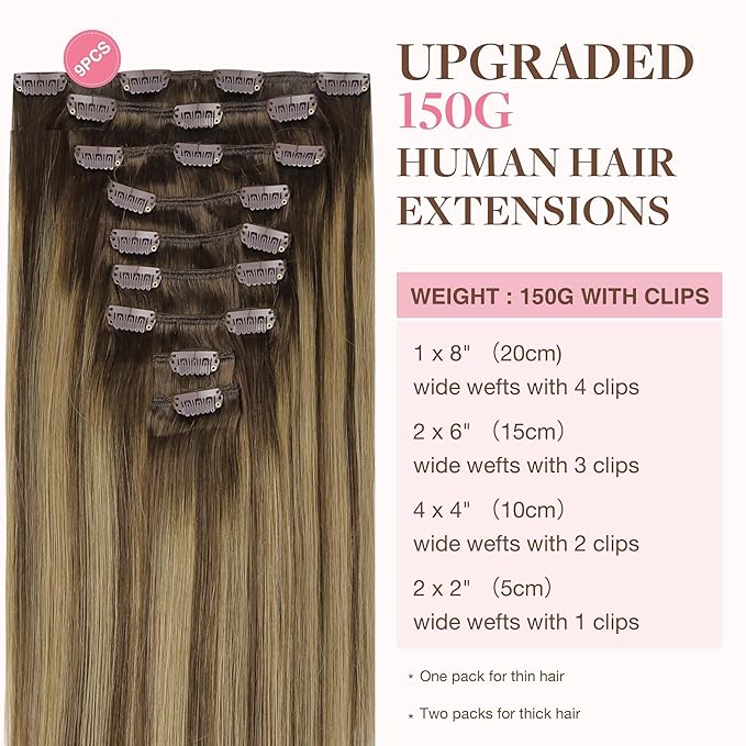 GOO GOO Clip in Hair Extensions Real Human Hair, Remy Human Hair Extensions Clip ins for Women, Natural Human Hair, 26inch 260g 9Pcs, #4/27/4 Balayage Chocolate Brown to Caramel Blonde
