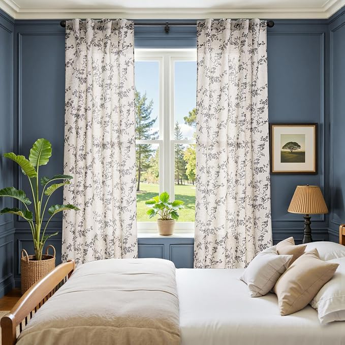 jinchan Black Floral Linen Curtains 84 Inch Rustic Drapes Back Tab 2 Panels | - Image 4