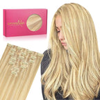 WENNALIFE Seamless Clip In Hair Extensions, 14 Inch 7pcs 130g Light Blonde Highlighted Golden Blonde Hair Extensions Clip In Real Human Hair Extensions Invisible PU Weft Human