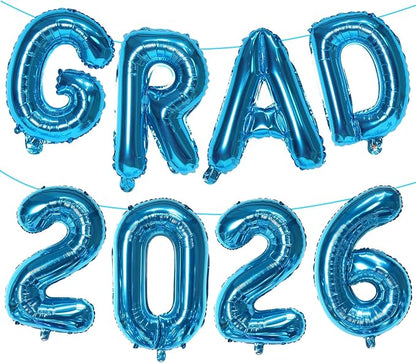 Blue GRAD 2026 Banner Balloons, 16 Inch Mylar Foil letter Graduation Balloons by KALOR