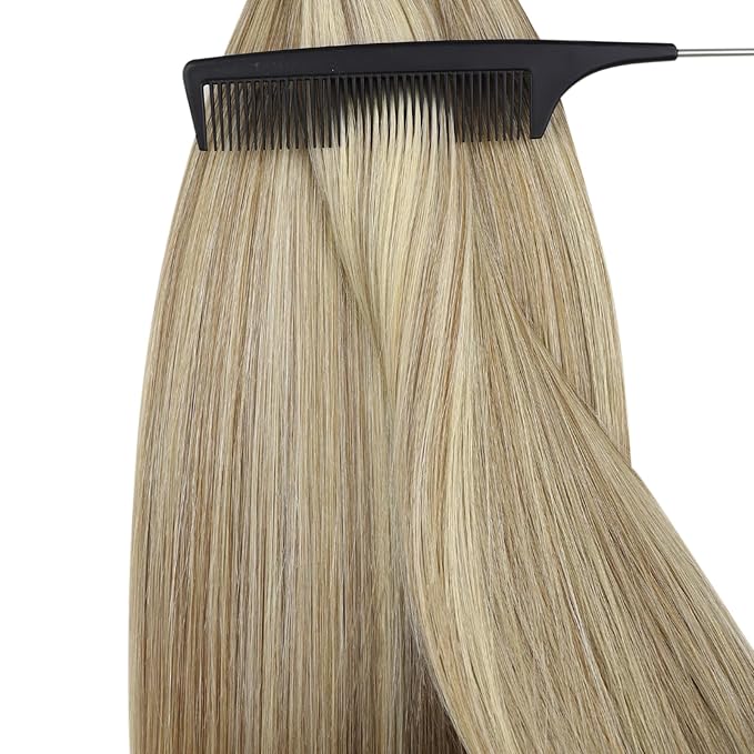 YoungSee Nano Ring Hair Extensions Highlight Nano Extensions Human Hair Light Brown Highlight Platinum Blonde Nano-Ring Extension Natural Looking Pre Bonded Human Hair 16in 50s 50g