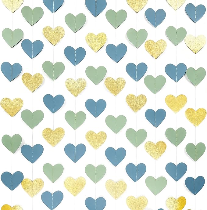 Sage Green Dusty Blue Gold Heart Party Decorations Gold Glitter Paper Dusty - Image 3