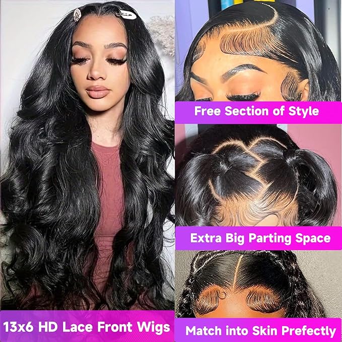 34 Inch 13x6 HD Body Wave Lace Front Wigs Human Hair Pre Plucked 200 Density Brazilian Virgin Human Hair Wigs for Women Glueless Lace Frontal Wig Natural Black Body Wave Wig