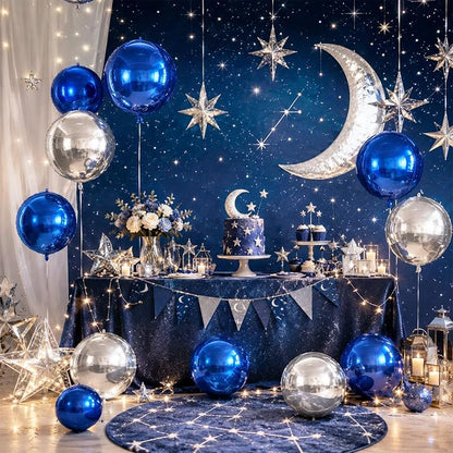 15 Pcs Navy Blue and Silver Round Foil Balloons, 22/15/10 Inch 4D Ball Balloons - Image 6