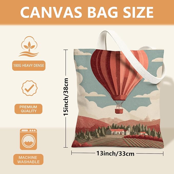 Vintage Hot Air Balloon Canvas Tote Bags, Artistic Landscape Reusable Grocery - Image 4