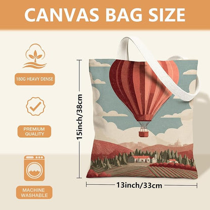 Vintage Hot Air Balloon Canvas Tote Bags, Artistic Landscape Reusable Grocery - Image 4