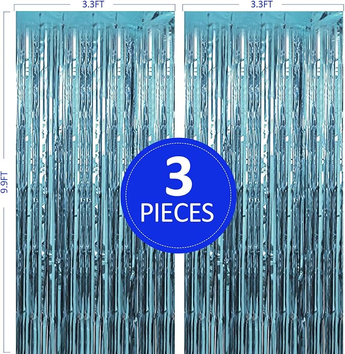 TenLaitech 3 Pack 3.3 x 9.9 ft Light Blue Foil Fringe Backdrop Curtain - Image 2