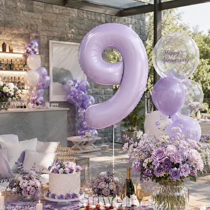 SUWEN 40 Inch Light Purple Lavender Big 9 Balloon Number Foil Helium 0-9 | 9th - Image 3