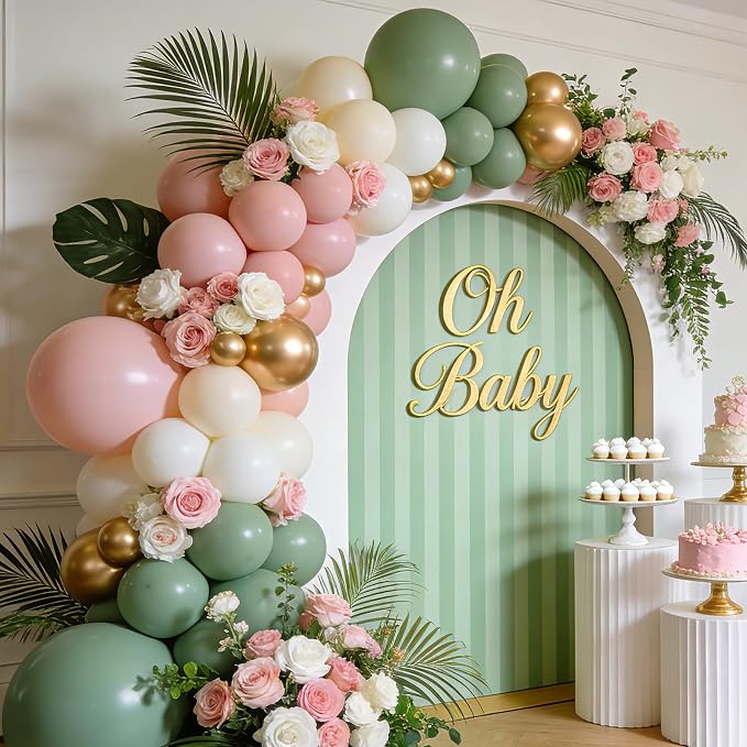 Sage Green Pink Balloon Arch Kit, Olive Green Light Pink Nude Sand White Gold by Vanjehou