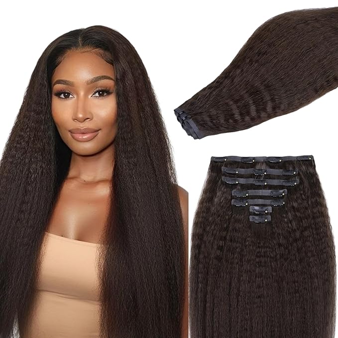 Lashey Seamless Clip in Hair Extensions Human Hair #2 Dark Brown Kinky Straight Clip in Hair Extensions Real Human Hair 7pcs 110g 20 Inch PU Weft Natural Hair Extension for Women
