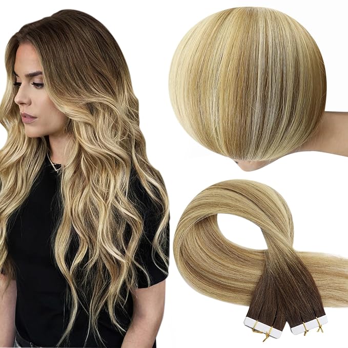 Full Shine Invisible Virgin Tape in Hair Extensions Color 3/8/22 Dark Brown Roots Fading to Brown And Blonde 12Inch Seamless Remy Hair Tape in Extensions Double Sided Skin Weft Natural 20 PCS 30 Gram