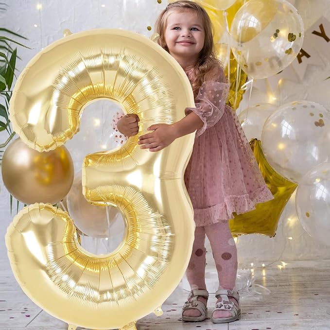 Champagne Gold Large Number 3 Balloon, 40 Inch Light Gold Foil Helium Number - Image 4