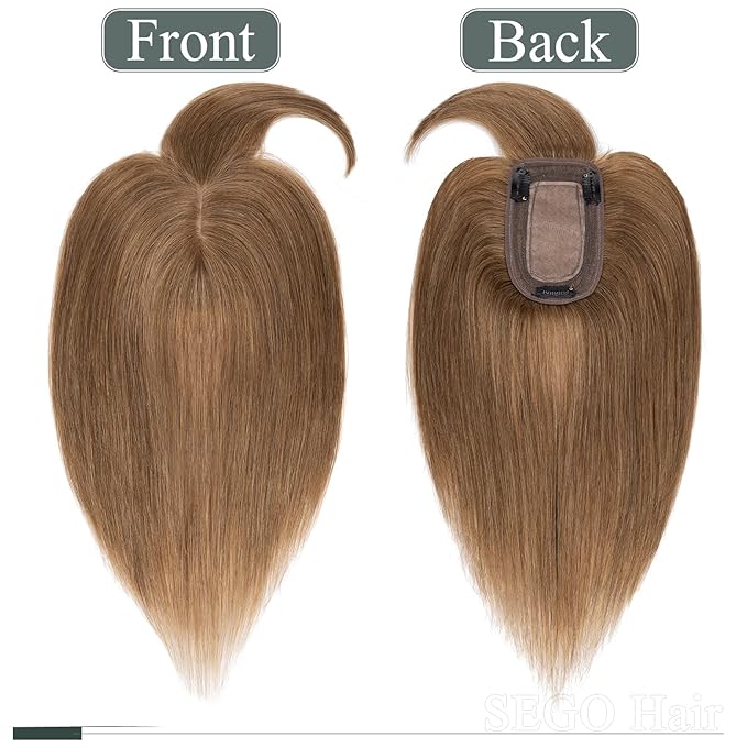 SEGO Hair Toppers for Women Real Human Hair with Thinning, with Front Bangs Clip in Toppers Straight 150% Density Silk Base -18 Inch #6 Light Brown