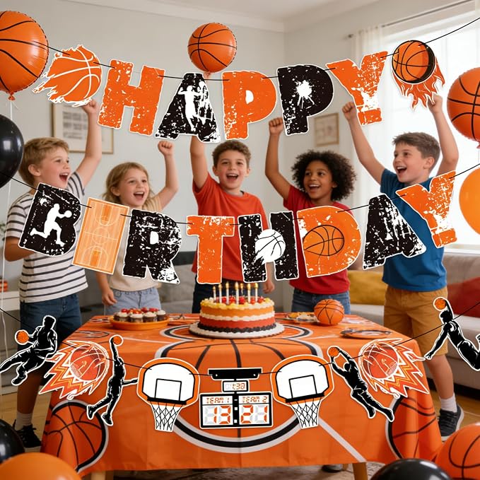 SUNBEAUTY Basketball Happy Birthday Banner Basket Ball Themed Party Decorations - Image 2
