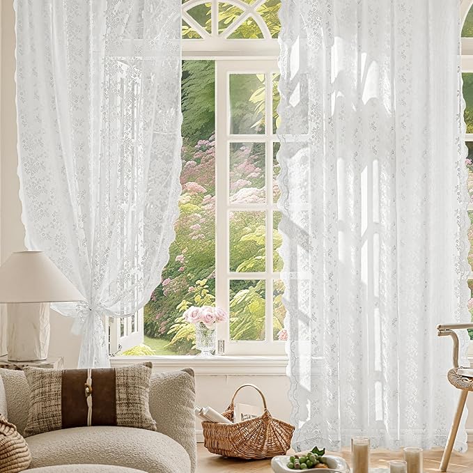 Anmao Vintage Lace Curtains 63 Inches Long 2 Panels Set, Romantic Elegant Light - Image 5