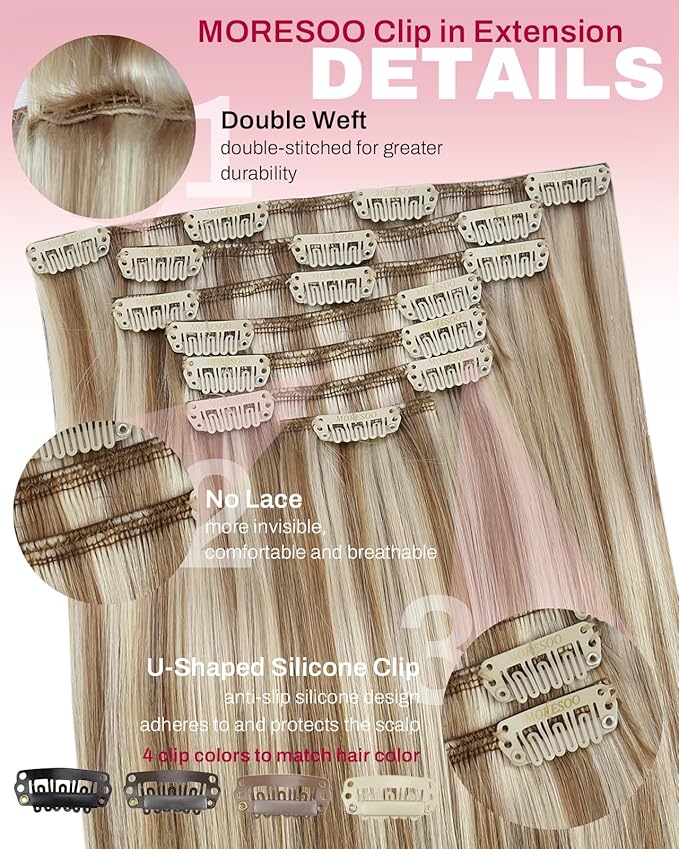 Moresoo Clip in Hair Extensions Real Human Hair Blonde Highlights Brown Clip in Extensions Remy Human Hair Platinum Blonde with Medium Golden Brown Double Weft for Women 120g/7pcs 16 inch