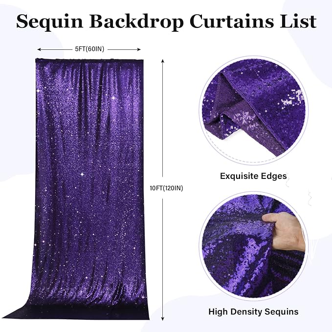 PartyDelight Purple Sequin Backdrop Curtains 5x10ft 2 Sparkly Panels | 4 Inch - Image 2