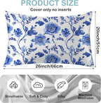 Satin Pillowcase 1 Pack-Vintage Blue Floral Silky Pillow Cover for Hair and Skin,Standard Size 20x26 Inch Soft Cooling Printed Pillow Cases with Hidden Zipper,Gifts for Women Men