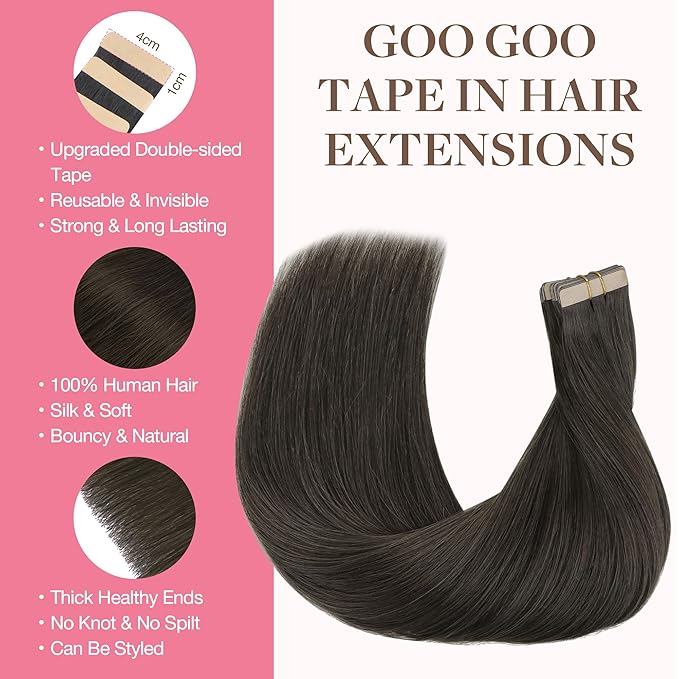GOO GOO Tape in Hair Extensions Human Hair, 1C Mocha Brown, 24inch 100g 40pcs, Skin Weft Seamless Invisible, Silky Straight with Thick Ends, Remy Human Hair