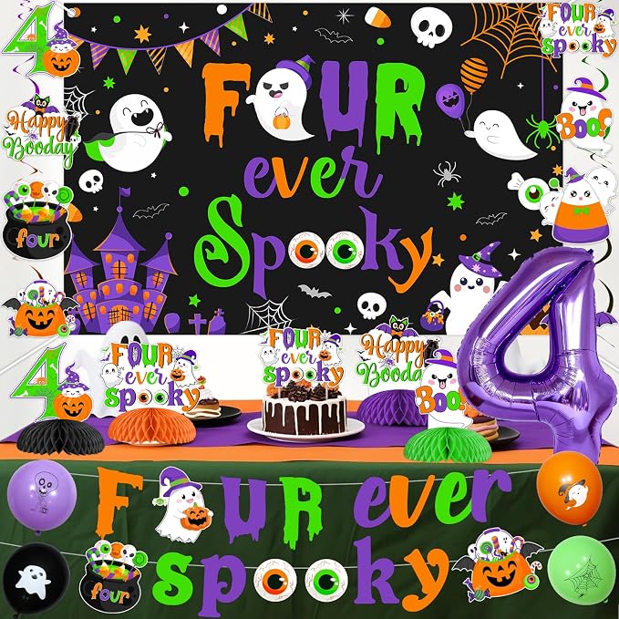 Halloween 4th Birthday Party Decorations Four Ever Spooky Backdrop Banner - Image 3
