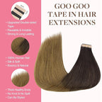 GOO GOO Tape in Hair Extensions Human Hair, 1D/2C/4E Chocolate Dip Color Melt, 18inch 50g 20pcs, Skin Weft Seamless Invisible, Silky Straight with Thick Ends, Remy Human Hair