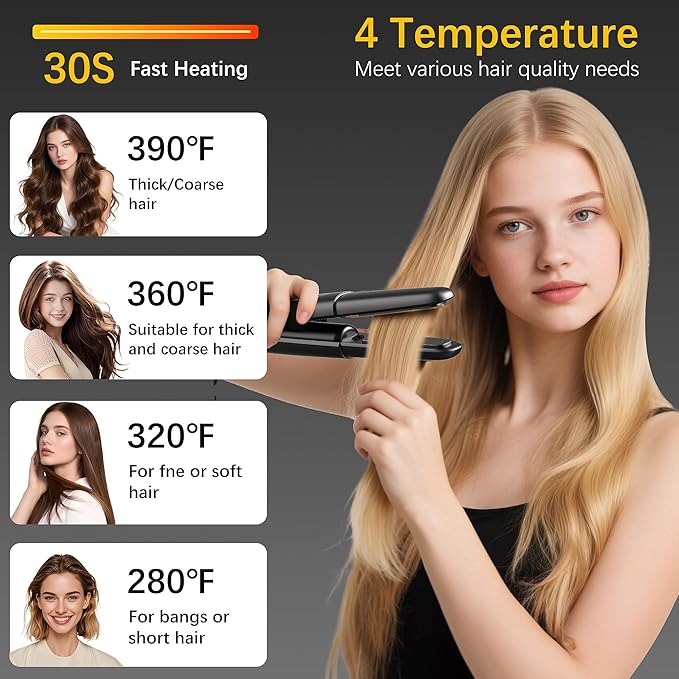 Cordless Hair Straightener Curler 2 in 1 Ceramic Flat Iron Mini Portable Fast Heating 30s 4500mAh Battery 4 Temp Adjustments LCD Display USB Rechargeable for Women Men with Pouch (Black)