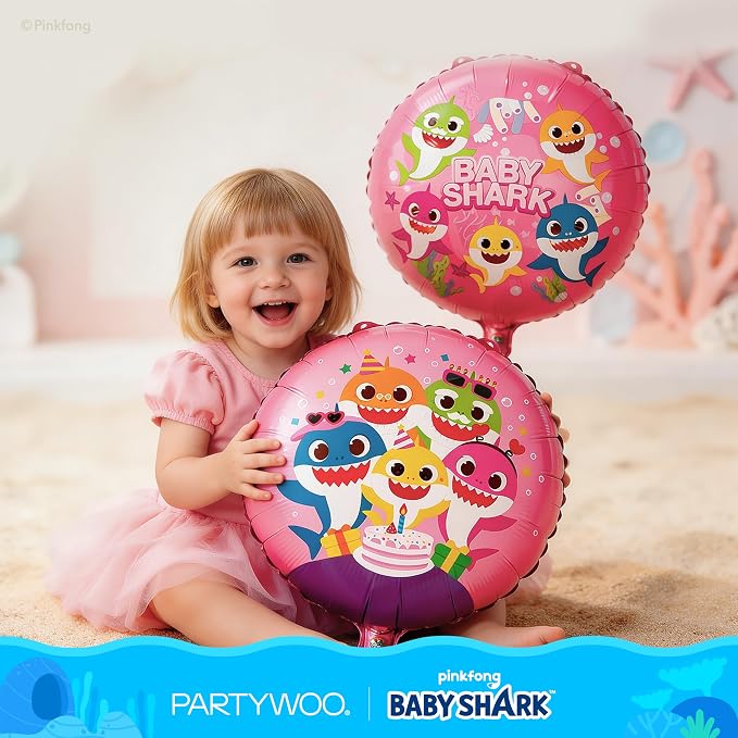 PartyWoo Baby Shark Pink Foil Round Star Mylar Number 2 Balloons 5pcs | Balloons - Image 5