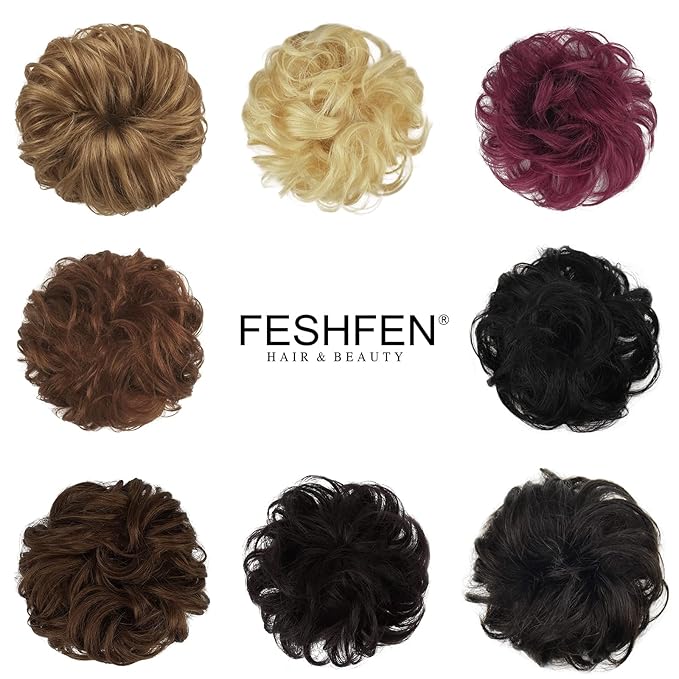 FESHFEN Human Messy Buns - 100% Human Hair Bun Real Scrunchies Hair Pieces Ponytail Extensions Wavy Tousled Updo Chignon Hairpieces for Women, Brown Mixed Blonde