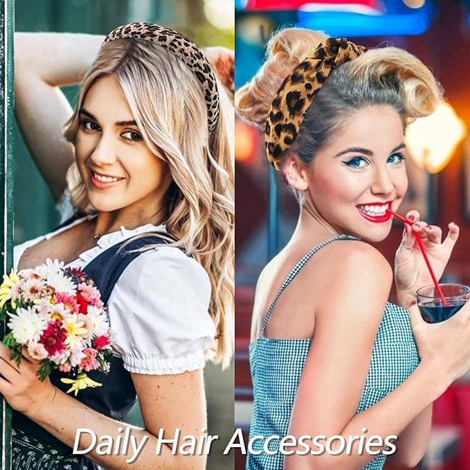 VELSCRUN Headbands for Women 7 Pcs Different Dark Leopard Color Knotted Solid Pearl Head Bands Non Slip Hair Band Stuff for Teen Girls Womens Trendy Fashion Diademas Para Mujer Hair Accessories