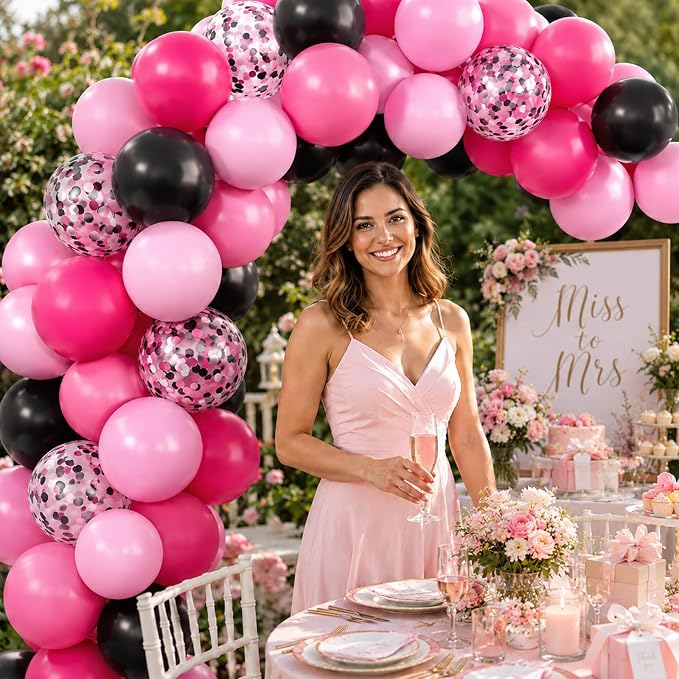 Pink and Black Balloons, 12 Inch Hot Pink Black Balloons Set - Image 5
