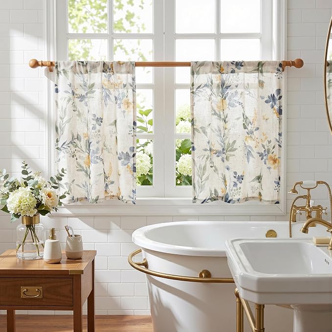 MYSKY HOME Floral Kitchen Curtains 24 Inch Length Linen Tier Curtains Farmhouse - Image 3