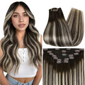 Full Shine Clip in Human Hair Extensions 16 Inch Clip in Extensions Brown Ombre Dark Brown Mix Platinum Blonde Straight Double Weft Brazilian Hair for Women 7 Pcs 120 G