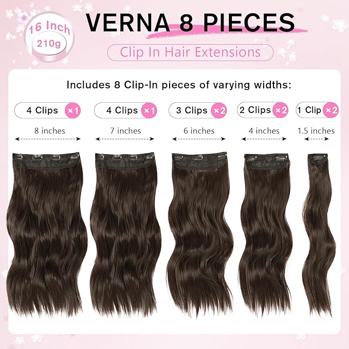 Hair Extensions for Women, 8PCS 16 Inch Dark Brown Clip in Hair Extensions, Synthetic Long Wavy Hairpieces for Women Full Head Thick