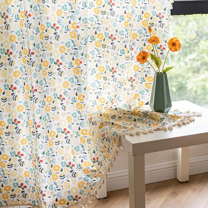 Sutuo Home Boho Curtain Semi-Blackout Colorful Florals Print Cotton Linen Fabric - Image 4
