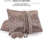 2 Pack Satin Pillowcase with Latent Zipper, Adjustable Satin Eye Mask for Sleeping and Satin Volume Scrunchie for Hair and Skin, Standard Size (Brown,Leopard Style)