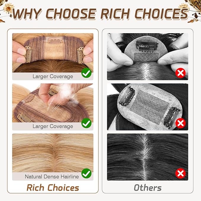 Rich Choices Hair Toppers for Women Real Human Hair 100% Remy Human Hairs Topper With Bang for Thinning Hairs Clip in Silk Base Topper 10 Inch #12P613 Golden Brown Mix Bleach Blonde