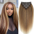 Kinky Straight Clip in Hair Extensions Real Human Highlight Clip ins For Women Unprocessed Clip on Hair Extensions(26inch,#4/27/4)